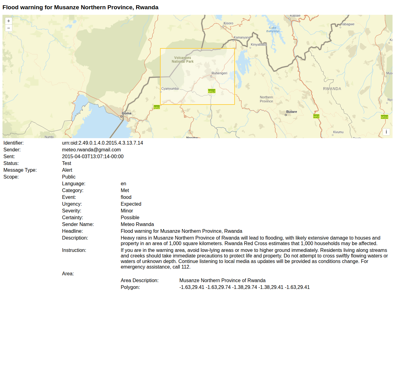Meteo Rwanda flood alert with its headline, mapped warning polygon and structured CAP fields