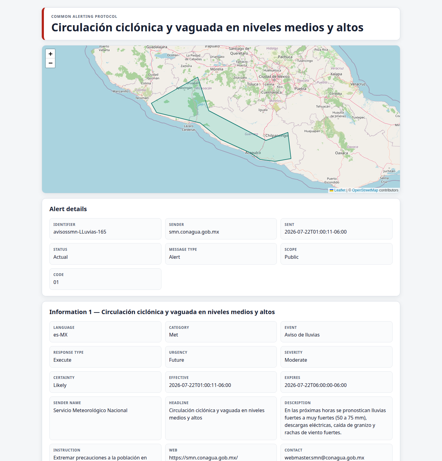 Human-readable mirrored Mexico SMN CAP alert with a mapped warning polygon and structured CAP fields