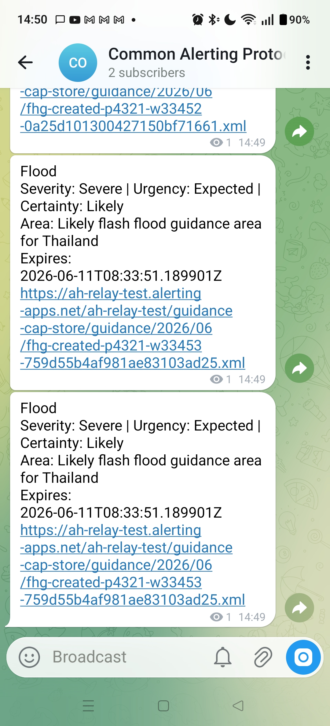 Telegram mobile screenshot showing flood guidance alert summaries with severity, urgency, certainty, area, expiry time, and preserved CAP URLs.